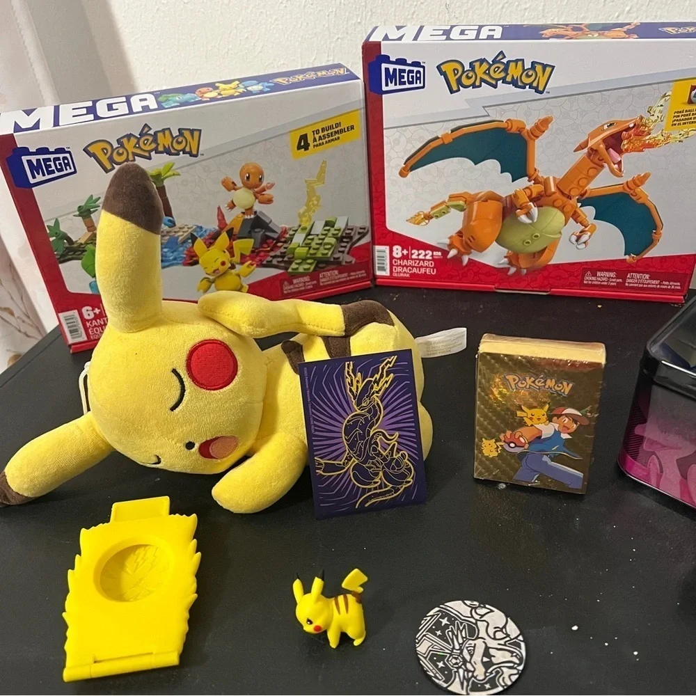 Mega Lego Charmander Pokemon Trading Card Set Pikachu Plush Etc., NWOT & EUC